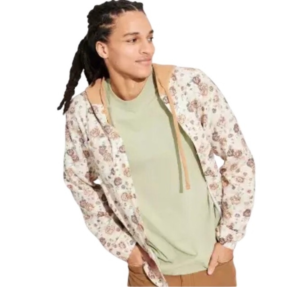 Original Use Mens Cream Lightweight floral button up hoodie Sz Lg NWT